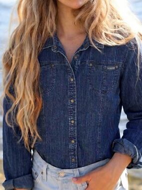 Vintage Woolrich Denim Shirt Jacket Womens M Y2K Workwear Dark Wash